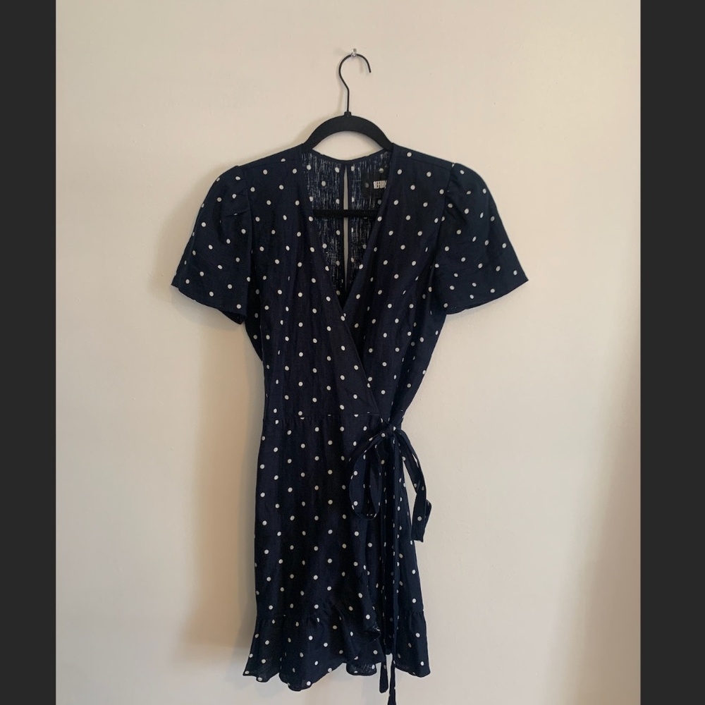 Reformation Linen Sally Polka Dot Wrap Dress Size Small Blue